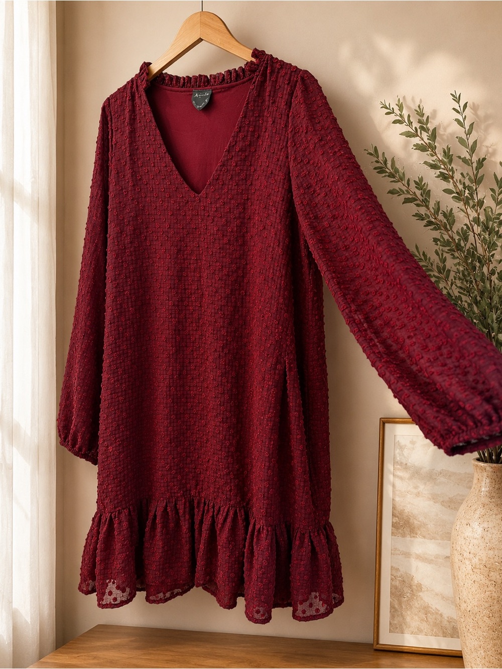 Arula X Burgundy Swiss Dot Ruffle Mini Dress Balloon Sleeve Boho